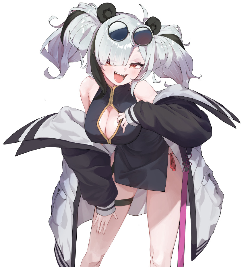 1girl absurdres animal_ears arknights breasts cleavage cleavage_cutout clothing_cutout eyewear_on_head feater_(arknights) highres jacket multicolored_hair open_clothes open_jacket open_mouth panda_ears panda_girl red_eyes simple_background smile solo thigh_strap ttubbip two-tone_hair two_side_up white_background