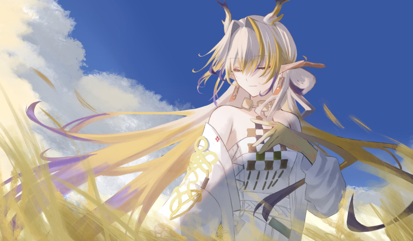 1girl arknights bare_shoulders blonde_hair blue_sky closed_eyes closed_mouth cloud day dragon_girl dragon_horns dress earrings grey_hair grey_horns hair_between_eyes hair_intakes hand_on_own_chest hand_up highres horns jewelry long_hair long_sleeves multicolored_hair necklace off_shoulder outdoors plant pointy_ears purple_hair shouga_chahan shu_(arknights) sky solo upper_body white_dress wind yellow_horns