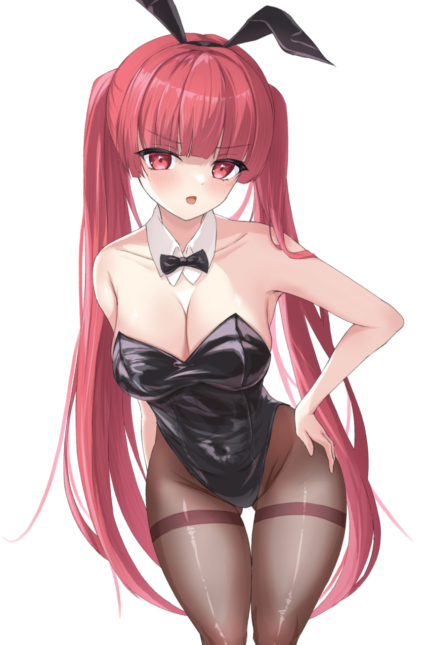 1girl animal_ears ass_visible_through_thighs black_bow black_bowtie black_leotard black_pantyhose bow bowtie breasts cleavage detached_collar highres konoha_(sound_voltex) leotard long_hair looking_at_viewer medium_breasts myjourney pantyhose playboy_bunny rabbit_ears red_eyes red_hair simple_background solo sound_voltex thigh_gap thighband_pantyhose twintails very_long_hair white_background wrist_cuffs