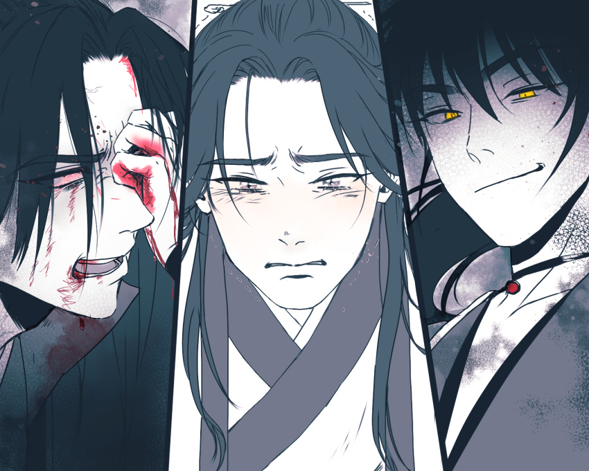 3boys blank_eyes blood blood_on_face blood_on_hands blush chinese_clothes chinese_hairpin clenched_hand clenched_teeth evil_smile gmanffjd hair_between_eyes hanfu highres jewelry long_hair modao_zushi motion_lines multiple_boys necklace open_mouth partially_colored smile song_lan teeth veiny_face veiny_neck xiao_xingchen xue_yang yellow_eyes