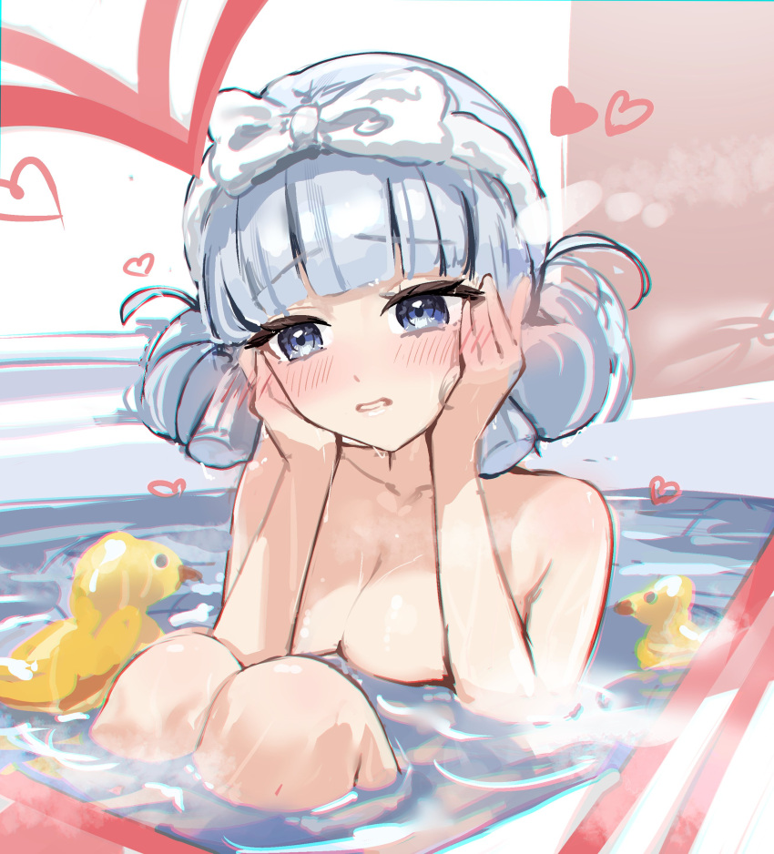 absurdres alternate_hairstyle bath blue_eyes blue_hair blunt_bangs blunt_tresses blush double_bun genshin_impact hair_bun hair_ribbon highres kamisato_ayaka light_blue_hair moti11kkk29 nude ribbon rubber_duck simple_background tress_ribbon