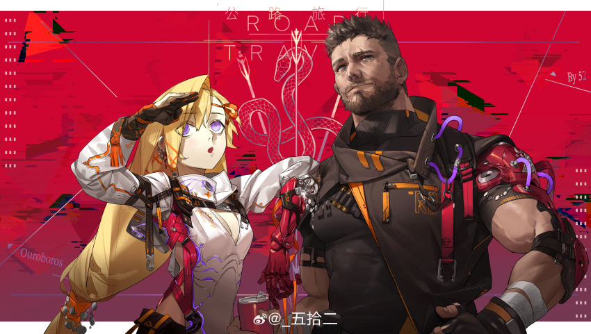 1boy 1girl :o absurdres bara beard biceps blonde_hair facial_hair full_beard highres large_pectorals long_hair looking_ahead mature_male muscular muscular_male mustache_stubble oc_(wushier) original pectorals red_background smile stubble thick_beard thick_eyebrows veins veiny_arms wushier