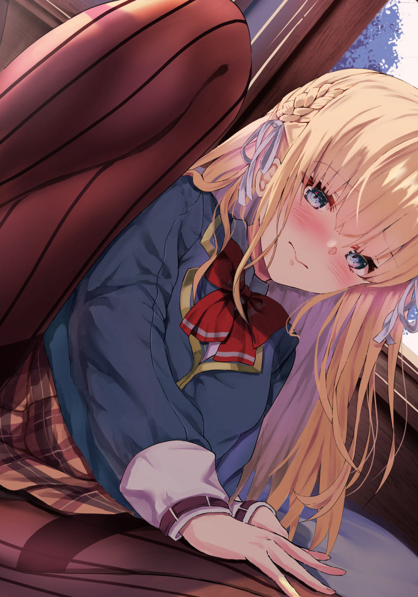 blonde_hair blue_jacket blush bow bowtie braid file112056 green_eyes heaven_burns_red highres indoors jacket long_hair looking_at_viewer out-of-frame_censoring pantyhose red_bow red_bowtie ribbon spread_legs striped_clothes striped_pantyhose toujou_tsukasa vertical-striped_clothes vertical-striped_pantyhose white_ribbon