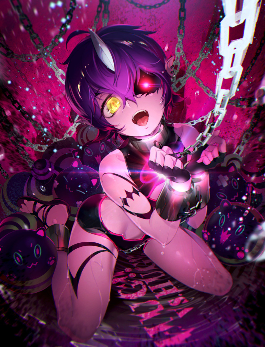 1other bdsm blurry bondage bound chains collar cuffs depth_of_field dress eyebrows_visible_through_hair fingerless_gloves fu-mi.a gloves glowing glowing_eye highres horns inoten-chan kneeling metal_collar midriff open_mouth pointy_ears purple_hair shackles slave slippers sound_voltex strapless strapless_dress tamaneko_(sound_voltex) tongue tongue_out water_drop yellow_eyes