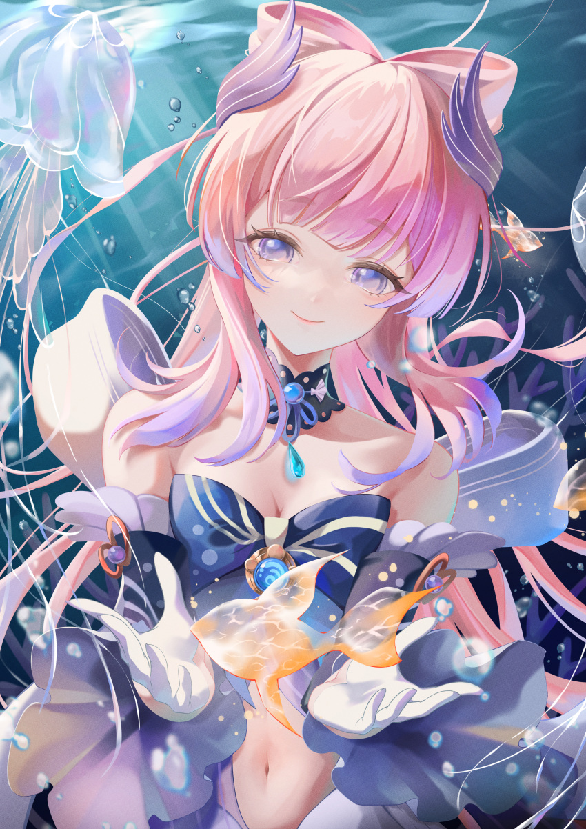 1girl absurdres bare_shoulders blue_bow blue_choker blue_eyes blunt_bangs bow breasts choker cleavage commentary_request genshin_impact gloves highres kns_hanazuna long_hair looking_at_viewer navel pink_hair sangonomiya_kokomi smile solo stomach upper_body very_long_hair white_gloves