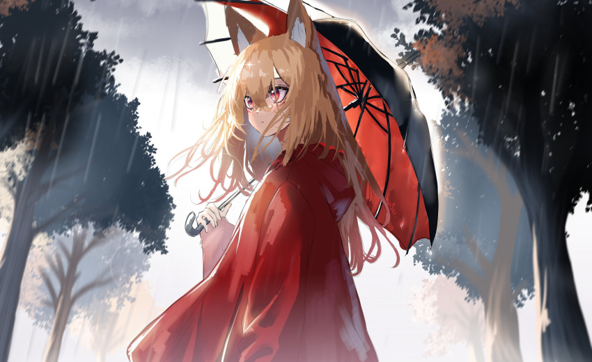 absurdres animal_ears blonde_hair burgerpackaging cloak cloud cloudy_sky facial_tattoo fox_ears fox_girl grey_sky highres original outdoors rain red_cloak red_eyes sky tattoo tree umbrella