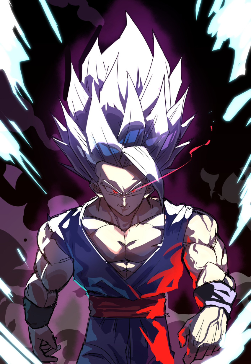 1boy belt dougi dragon_ball dragon_ball_super dragon_ball_super_broly gohan_beast highres karate_gi medium_hair pants purple_pants purple_shirt red_belt red_eyes shirt son_gohan spiked_hair tkht_9315 white_hair