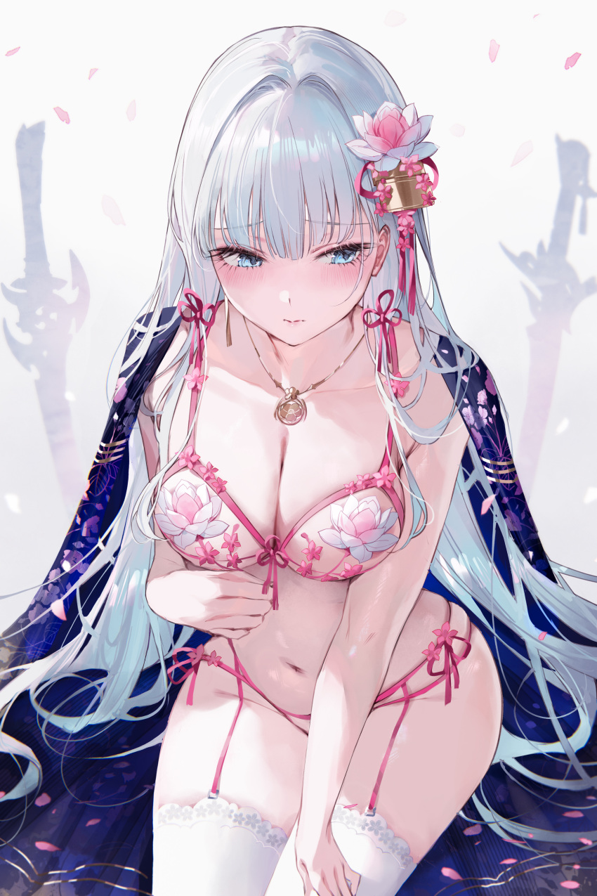 1girl absurdres alternate_costume areola_slip blue_eyes blush bra breasts cleavage closed_mouth collarbone falling_petals flower genshin_impact grey_hair hair_flower hair_ornament highres jewelry kamisato_ayaka large_breasts lingerie long_hair navel necklace paid_reward_available panties petals pink_garter_straps pink_panties qiandaiyiyu solo thighhighs thighs underwear white_thighhighs