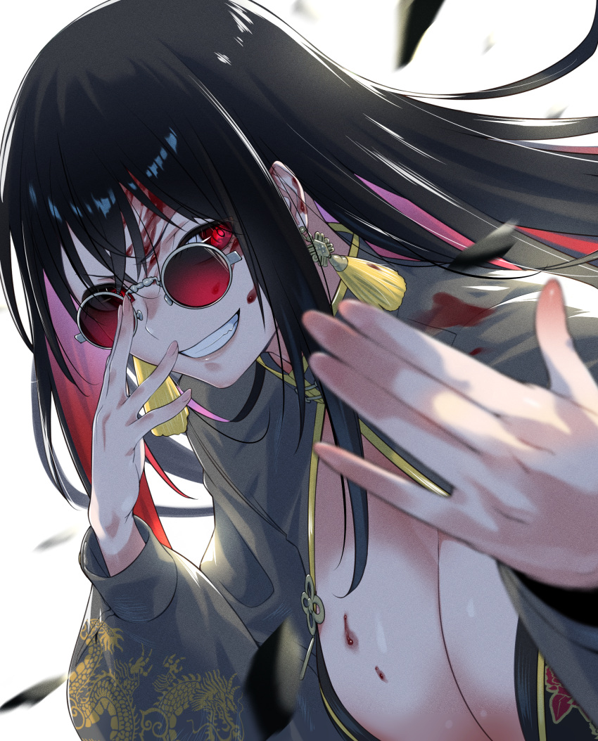 1girl absurdres adjusting_eyewear beckoning black_hair blood blood_on_breasts blood_splatter breasts chinese_knot colored_inner_hair dress earrings eyewear_hang fighting fighting_stance fune_(fune93ojj) goddess_of_victory:_nikke highres jewelry large_breasts long_hair long_sleeves looking_at_viewer looking_over_eyewear moran_(nikke) multicolored_hair ornate_clothes red-tinted_eyewear red_eyes red_hair scuffed simple_background solo tassel tassel_earrings tinted_eyewear two-tone_dress unworn_eyewear white_background yellow_dress