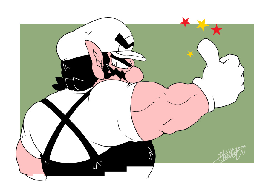 1boy black_hair black_overalls facial_hair from_side gloves green_background hat highres muscular mustache omu_(sinsindan) overalls pointy_ears shirt simple_background thick_eyebrows thumbs_up wario wario_land white_gloves white_headwear white_shirt