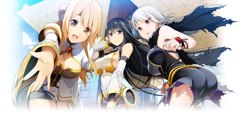 3girls armpits black_eyes black_hair blonde_hair breasts building capelet cleavage comiket_86 cosmic_break detached_sleeves eris_(cosmic_break) eve_(cosmic_break) grey_eyes grey_hair hair_bun hand_in_own_hair large_breasts long_hair multiple_girls official_art open_mouth outdoors outstretched_arm resha_(cosmic_break) sideboob single_hair_bun sky smile wakaba_sprout white_capelet yellow_eyes