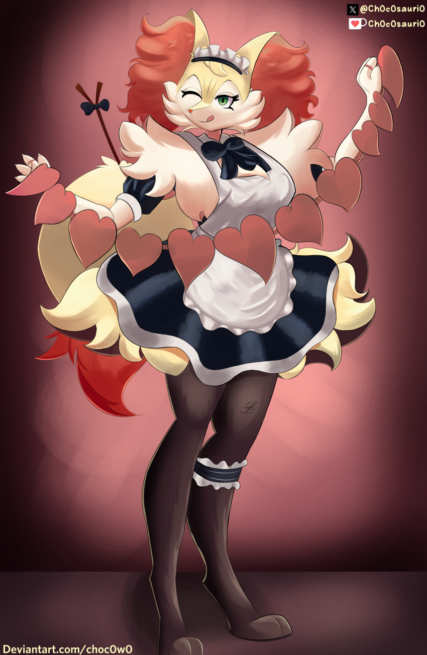 absurd_res andromorph anthro blonde_hair bobolate braixen canid canine clothing colored digital_drawing_(artwork) digital_media_(artwork) ears_up female fluffy fox fur generation_6_pokemon green_eyes hair happy hi_res holidays humanoid inner_ear_fluff intersex maid_uniform mammal nintendo one_eye_closed paws pokemon pokemon_(species) pose shaded simple_background solo tuft uniform valentine's_day wink yellow_body