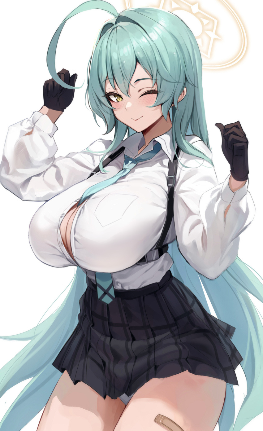 1girl ahoge aqua_hair aqua_necktie arms_up bandaid_on_thigh between_breasts black_gloves blue_archive blush breasts chest_harness cleavage clenched_hands gloves halo harness highres huge_ahoge large_breasts long_hair looking_at_viewer miniskirt necktie necktie_between_breasts one_eye_closed panties partially_unbuttoned pleated_skirt shirt skirt smile solo stone_(ksorede) underwear white_panties white_shirt yellow_eyes yume_(blue_archive)