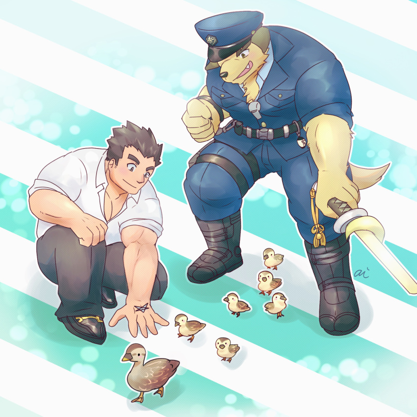 2boys ai_(alli_paeonia) bara bird blush character_request collared_shirt crosswalk dog_boy duck duckling facial_hair fang fang_out from_above full_body furry furry_male happy highres male_focus multiple_boys muscular muscular_male pectoral_cleavage pectorals pet_walking police police_uniform policeman protagonist_3_(housamo) road shirt short_hair sideburns_stubble sleeves_rolled_up smile street stubble tokyo_afterschool_summoners uniform