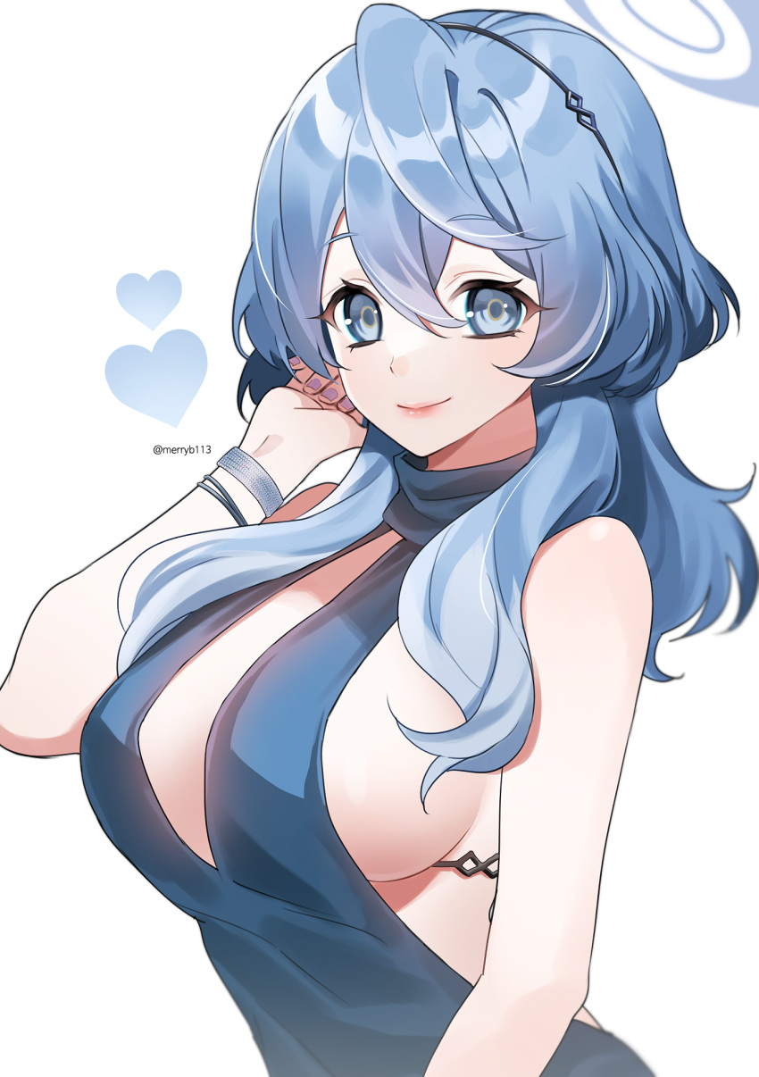1girl ako_(blue_archive) ako_(dress)_(blue_archive) blue_archive blue_eyes blue_halo breasts cleavage closed_mouth dress evening_gown fingernails halo heart highres large_breasts looking_at_viewer medium_hair nail_polish obuu official_alternate_costume purple_nails sideless_dress sideless_outfit simple_background sleeveless sleeveless_dress smile solo twitter_username white_background