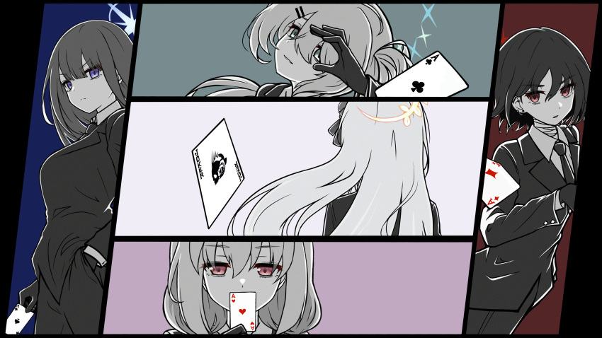 5girls absurdres ace_(playing_card) ace_of_clubs ace_of_diamonds ace_of_hearts ace_of_spades arius_squad_(blue_archive) atsuko_(blue_archive) azusa_(blue_archive) black_gloves black_hair black_jacket black_necktie black_pants black_suit blue_archive card club_(shape) collared_shirt covering_own_mouth diamond_(shape) floating_hair generic_33 gloves green_eyes hair_between_eyes hair_ornament hairclip halo heart highres hiyori_(blue_archive) jacket joker_(playing_card) misaki_(blue_archive) multiple_girls necktie ok_sign ok_sign_over_eye pants pink_eyes playing_card purple_eyes red_eyes saori_(blue_archive) shirt spade_(shape) suit suit_jacket white_hair white_shirt