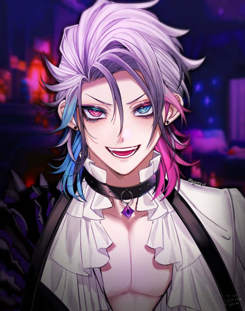 1boy absurdres black_choker black_eyeshadow blue_eyes blue_hair choker diamond_earrings earrings eyeshadow frilled_shirt frills gavis_bettel grey_hair heterochromia highres holostars holostars_english jewelry kyaree looking_at_viewer makeup male_focus medium_hair multicolored_hair official_alternate_costume official_alternate_hairstyle open_mouth pink_eyes pink_hair shirt smile solo teeth twitter_username v-shaped_eyebrows virtual_youtuber