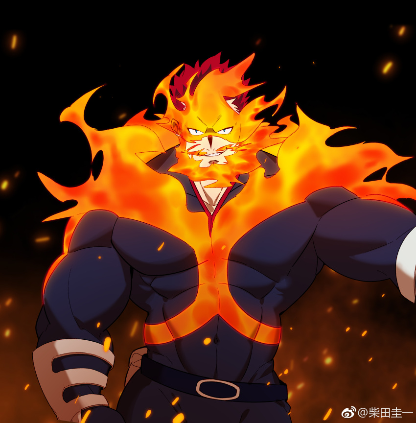 1boy absurdres bara beard blue_bodysuit blue_eyes bodysuit boku_no_hero_academia cowboy_shot embers endeavor_(boku_no_hero_academia) facial_hair fiery_hair highres large_pectorals looking_at_viewer male_focus mature_male muscular muscular_male pectorals red_hair shiba_ichi short_hair solo spiked_hair thick_beard