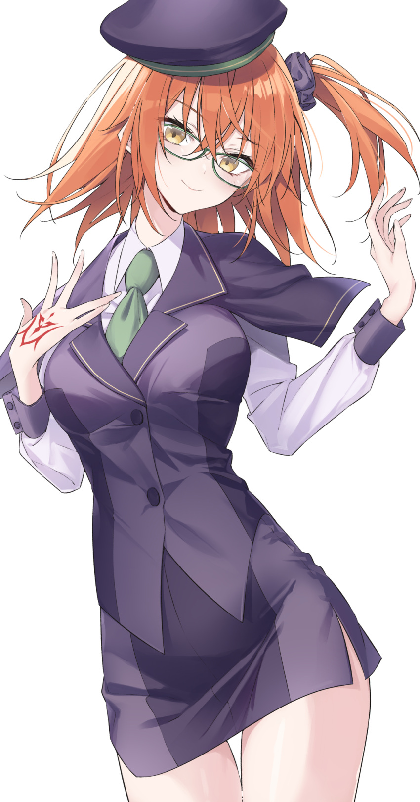 1girl ahoge atlas_academy_school_uniform beret breasts capelet collared_shirt command_spell fate/grand_order fate_(series) fujimaru_ritsuka_(female) fujimaru_ritsuka_(female)_(mage's_association_uniform) glasses hat highres long_sleeves looking_at_viewer medium_breasts necktie one_side_up orange_eyes orange_hair pencil_skirt pttyr purple_capelet purple_headwear purple_skirt purple_vest school_uniform shirt short_hair skirt smile solo thighs vest white_shirt