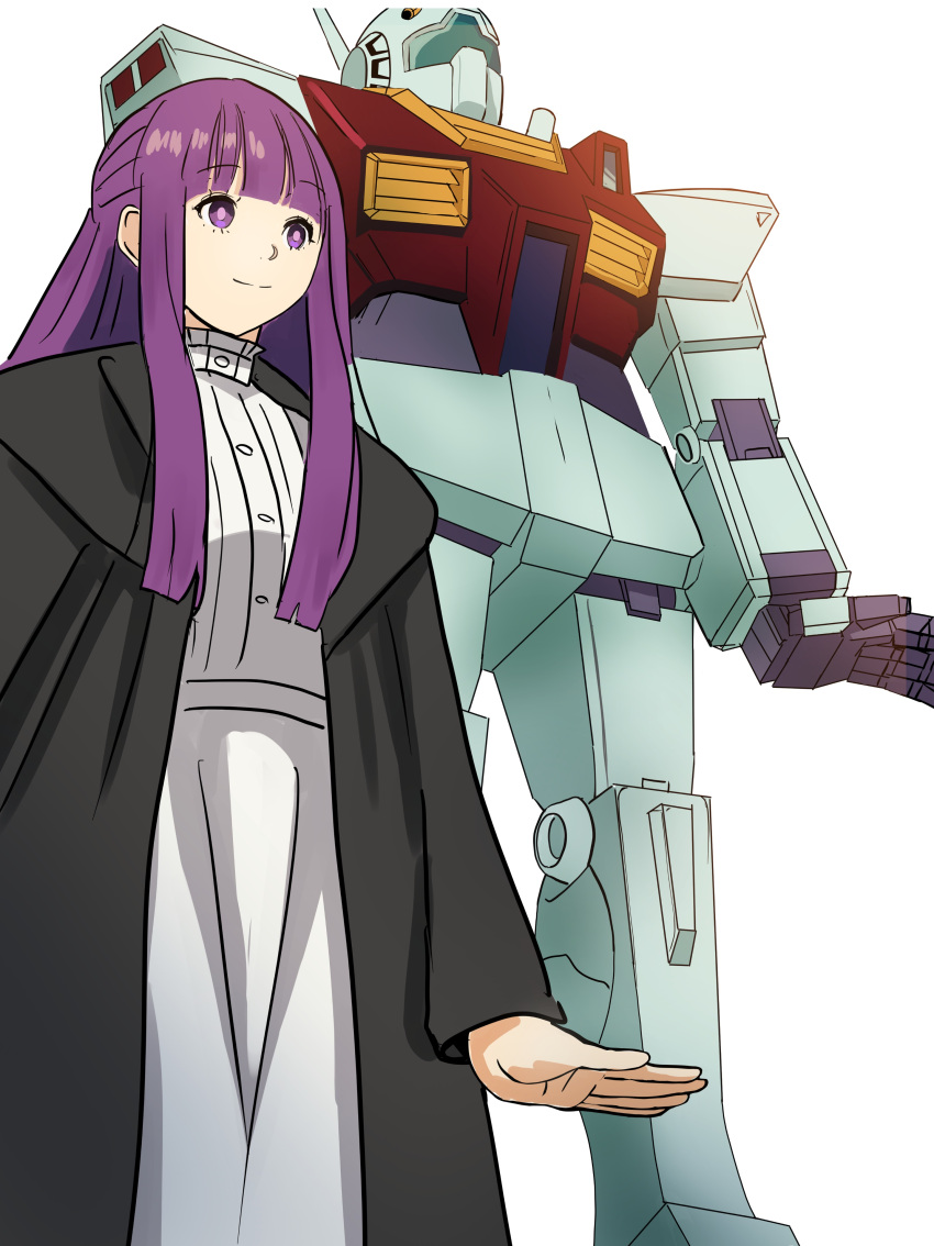 1girl absurdres arm_at_side assault_visor black_coat blunt_bangs closed_mouth coat crossover dress feet_out_of_frame fern_(sousou_no_frieren) gm_ii gundam highres long_dress long_hair long_sleeves mecha meke_(77842928) mobile_suit purple_eyes purple_hair purple_pupils robot sidelocks simple_background smile sousou_no_frieren split_mouth standing straight_hair white_background white_dress zeta_gundam