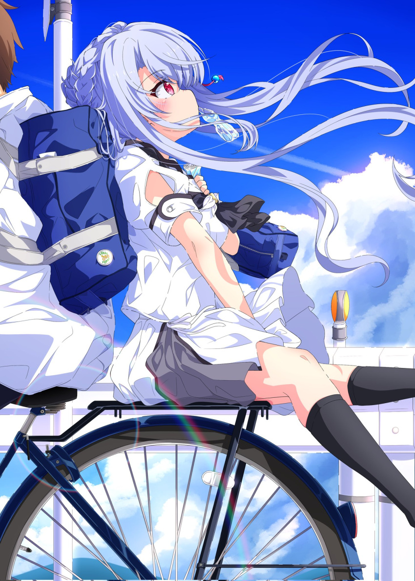 1boy 1girl arm_between_legs arm_cutout bag bicycle black_socks blue_sky blush brown_hair cloud cloudy_sky contrail day feet_out_of_frame floating_hair from_side grey_hair grey_skirt guard_rail highres kneehighs kyamiuu lens_flare looking_up out_of_frame outdoors pleated_skirt profile red_eyes riding riding_bicycle school_bag school_uniform shirt short_sleeves skirt sky socks solo_focus sorakado_ao summer_pockets takahara_hairi white_shirt