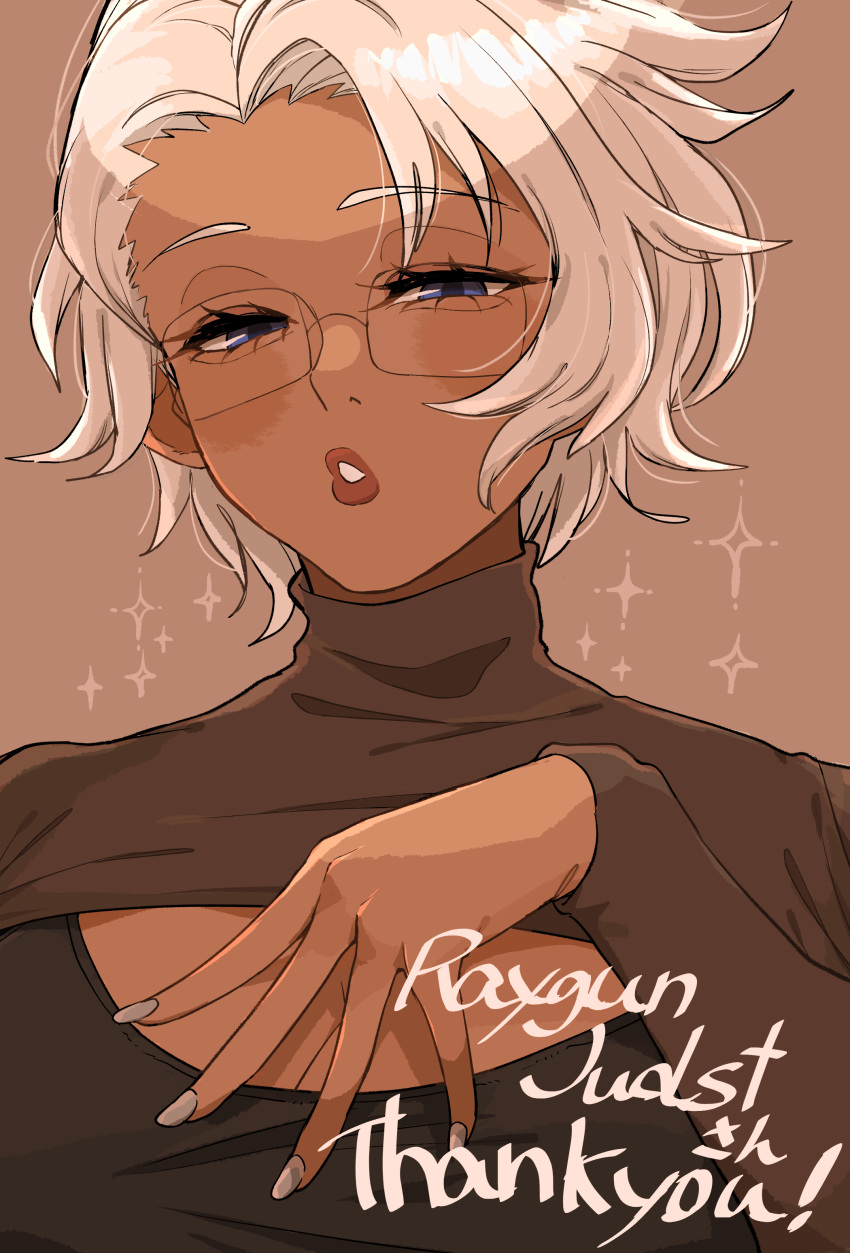 1girl absurdres alexkota1115 blue_eyes brown_background cleavage_cutout clothing_cutout commission dark_skin glasses grey_nails hand_up highres lipstick long_sleeves looking_at_viewer makeup original short_hair simple_background tan thank_you tomboy upper_body white_hair