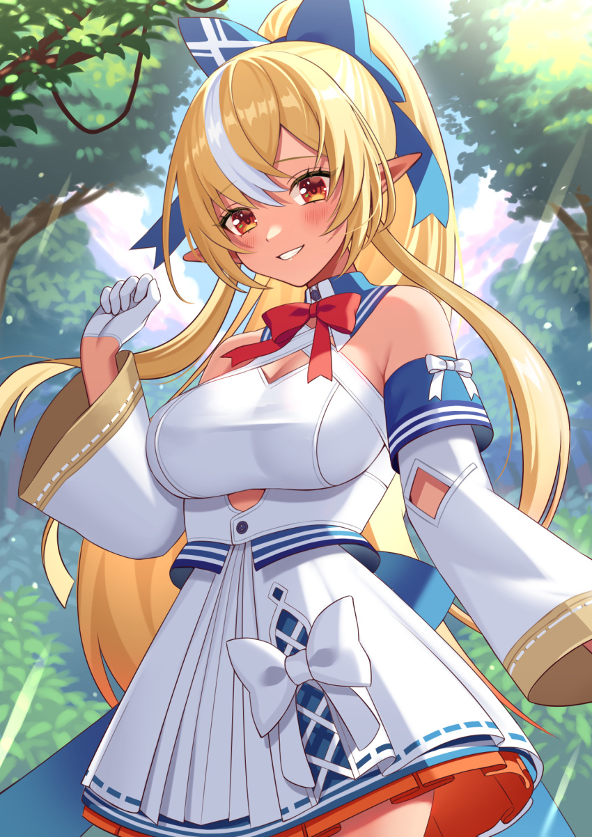 1girl blonde_hair bow breasts detached_sleeves dress forest gloves highres hololive imahuku large_breasts long_hair nature orange_eyes pointy_ears ponytail red_bow shiranui_flare shiranui_flare_(1st_costume) smile virtual_youtuber white_bow white_dress white_gloves