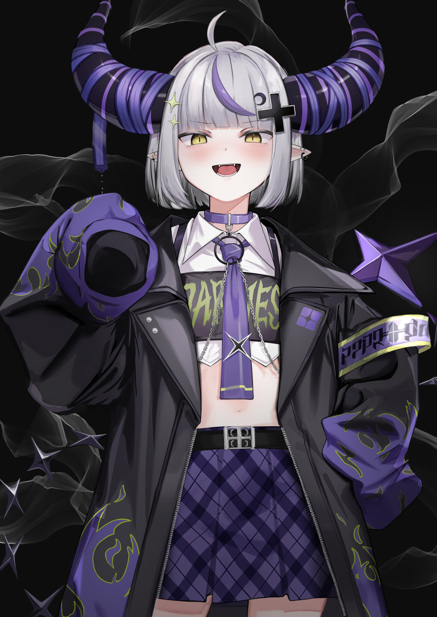 1girl absurdres ahoge august. black_background black_coat black_horns choker coat collared_shirt commentary_request cowboy_shot cropped_shirt ear_piercing grey_hair hand_on_own_hip hand_up highres hololive horns la+_darknesss looking_at_viewer looking_down midriff multicolored_hair necktie open_clothes open_coat open_mouth piercing plaid plaid_skirt pointy_ears purple_choker purple_hair purple_necktie purple_skirt shirt short_hair simple_background skirt sleeves_past_fingers sleeves_past_wrists slit_pupils smile solo straight-on streaked_hair tongue virtual_youtuber white_shirt yellow_eyes