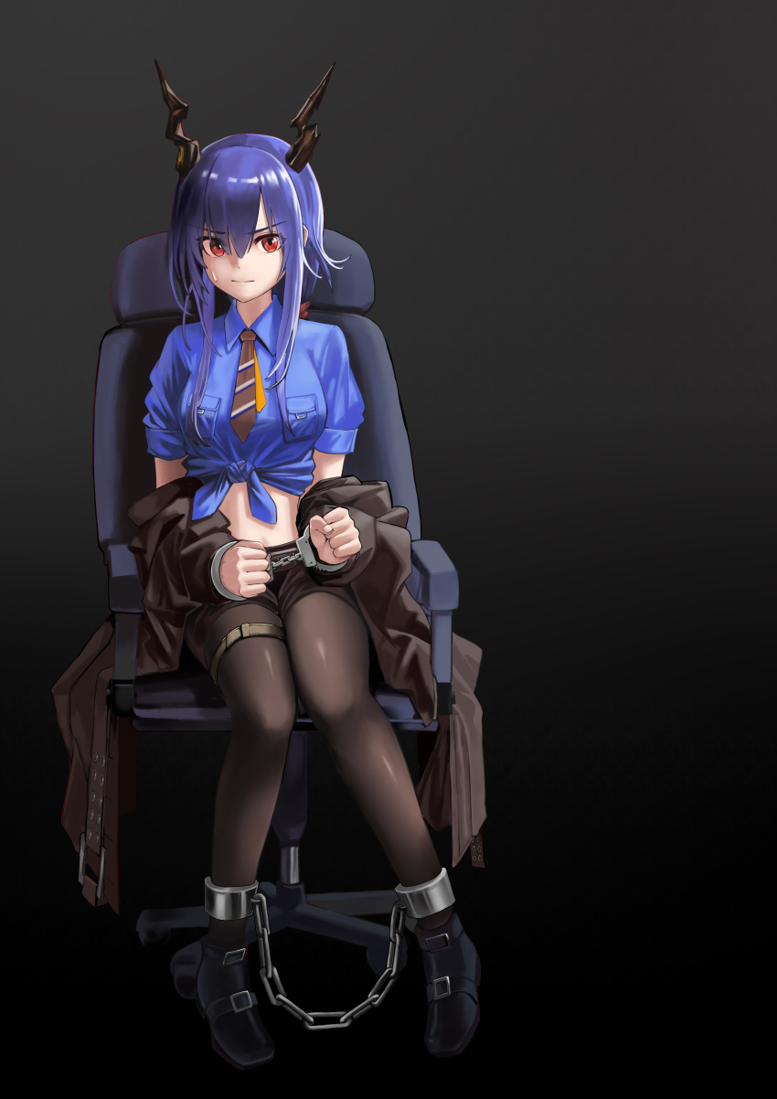 1girl absurdres arknights black_pantyhose blue_hair blue_shirt bound bound_ankles bound_wrists breasts ch'en_(arknights) chair clenched_hands closed_mouth coat collared_shirt cuffs dragon_girl dragon_horns handcuffs highres horns looking_at_viewer medium_breasts navel necktie office_chair pantyhose pocket red_eyes shackles shirt shirt_rolled_up simple_background sitting sweatdrop swivel_chair thigh_strap unworn_coat user_ruvh7248