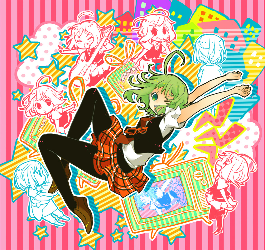 7:24 ahoge arms_up black_legwear glasses green_eyes green_hair grin gumi highres looking_at_viewer necktie one_eye_closed open_mouth pantyhose plaid plaid_skirt school_uniform setsuna_trip_(vocaloid) shoes short_hair skirt smile solo vocaloid