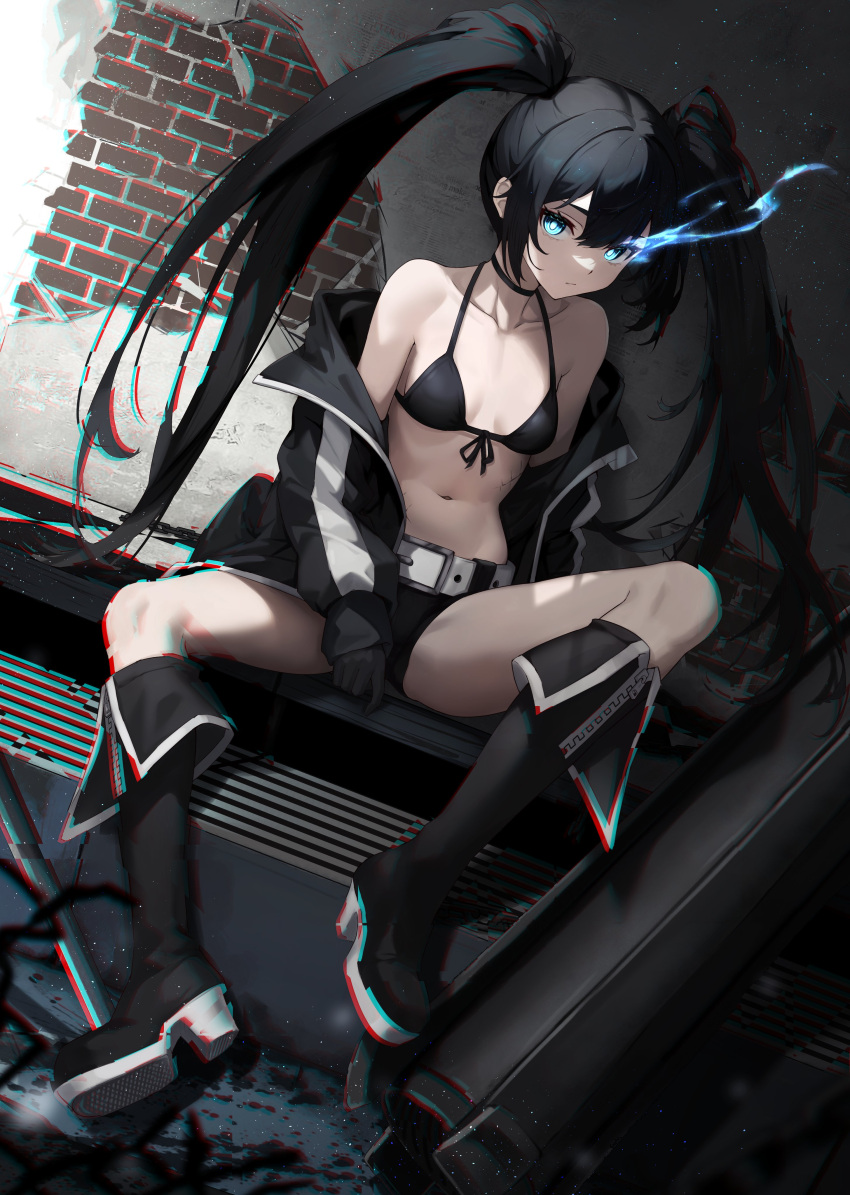 1girl absurdres bare_shoulders belt bikini bikini_top_only black_bikini black_choker black_footwear black_gloves black_hair black_jacket black_rock_shooter black_rock_shooter_(character) black_shorts blue_eyes boots breasts brick_wall cannon choker chromatic_aberration closed_mouth collarbone dutch_angle expressionless flaming_eye front-tie_bikini_top front-tie_top gloves hair_between_eyes halterneck high_heel_boots high_heels highres jacket knee_boots long_hair long_sleeves looking_at_viewer midriff navel off_shoulder open_clothes open_jacket pale_skin platform_boots platform_footwear scar short_shorts shorts sidelocks sitting sleeves_past_wrists small_breasts solo spread_legs swimsuit tokyo_(1421) twintails very_long_hair white_belt zipper zipper_pull_tab