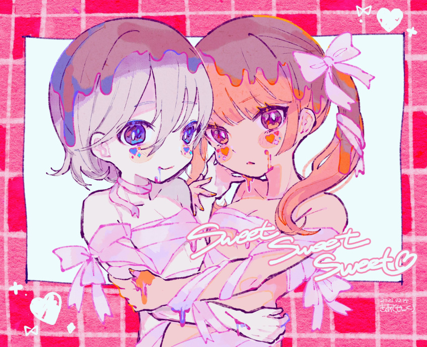 2girls bare_shoulders blue_eyes breasts chocolate closed_mouth hair_ribbon hand_on_another's_arm hand_on_another's_face heart highres hug kiato long_hair looking_at_viewer multiple_girls naked_ribbon orange_eyes orange_hair original pale_skin pink_background pink_ribbon ribbon short_hair small_breasts smile sticker_on_face twintails upper_body yuri