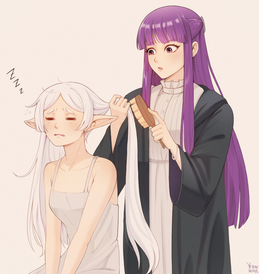 2girls blunt_bangs blush breasts brushing_another's_hair brushing_hair closed_eyes collarbone dress elf fern_(sousou_no_frieren) frieren green_eyes hair_brush highres holding holding_hair_brush long_hair long_sleeves multiple_girls parted_bangs parted_lips pointy_ears purple_eyes purple_hair sidelocks simple_background sleeveless sleeveless_dress sousou_no_frieren straight_hair twintails white_background white_dress white_hair yellow_nicky zzz