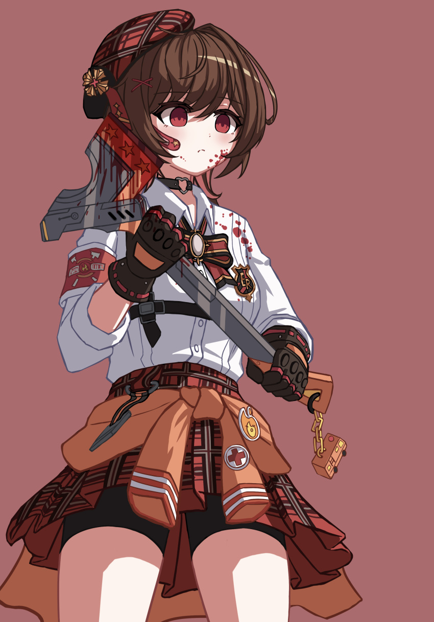 1girl absurdres axe bike_shorts black_gloves black_shorts black_survival blood blood_on_clothes blood_on_face breasts brown_background brown_hair character_request closed_mouth collared_shirt dress_shirt empty_eyes gloves hair_between_eyes highres holding holding_axe long_sleeves plaid plaid_skirt pleated_skirt red_eyes red_skirt shirt shorts shorts_under_skirt simple_background skirt small_breasts solo star_(symbol) stratosphere_(coom1017) white_shirt