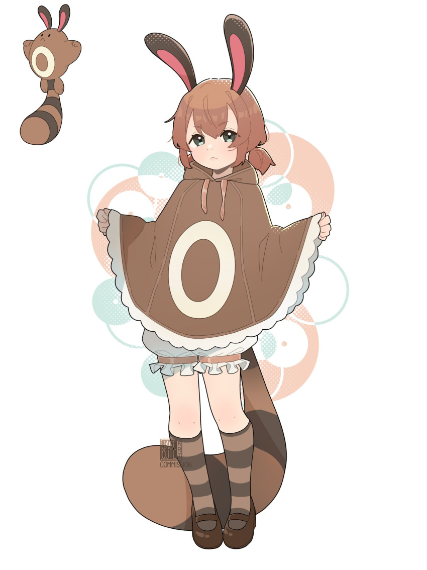 1girl :&lt; animal_ears artist_name bloomers brown_cloak brown_footwear brown_hair brown_socks cloak closed_mouth english_commentary full_body green_eyes hand_up highres hood hood_down hooded_cloak humanization jacequilart looking_at_viewer low_twintails mary_janes medium_hair pokemon sentret shoes socks solo striped_clothes striped_socks tail twintails white_bloomers