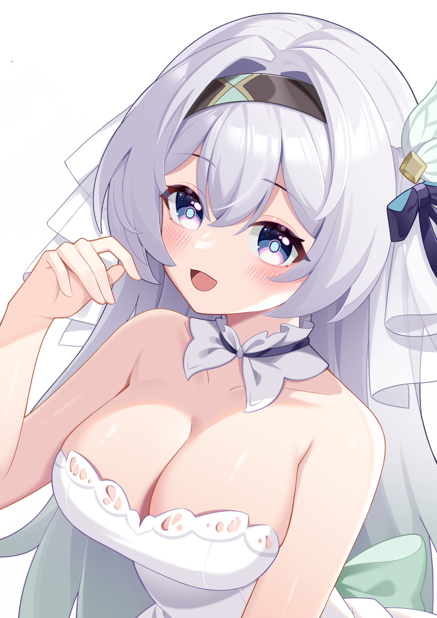 1424986187 1girl :d absurdres arm_at_side back_bow bare_shoulders black_hairband blue_eyes blue_pupils blush bow breasts bridal_veil cleavage collarbone crossed_bangs detached_collar dress firefly_(honkai:_star_rail) gradient_hair green_bow green_hair grey_hair hair_between_eyes hair_bow hair_intakes hairband hand_up highres honkai:_star_rail honkai_(series) large_breasts long_hair looking_at_viewer multicolored_hair open_mouth pink_eyes sidelocks smile solo strapless strapless_dress two-tone_eyes upper_body veil wedding_dress white_bow white_dress white_veil