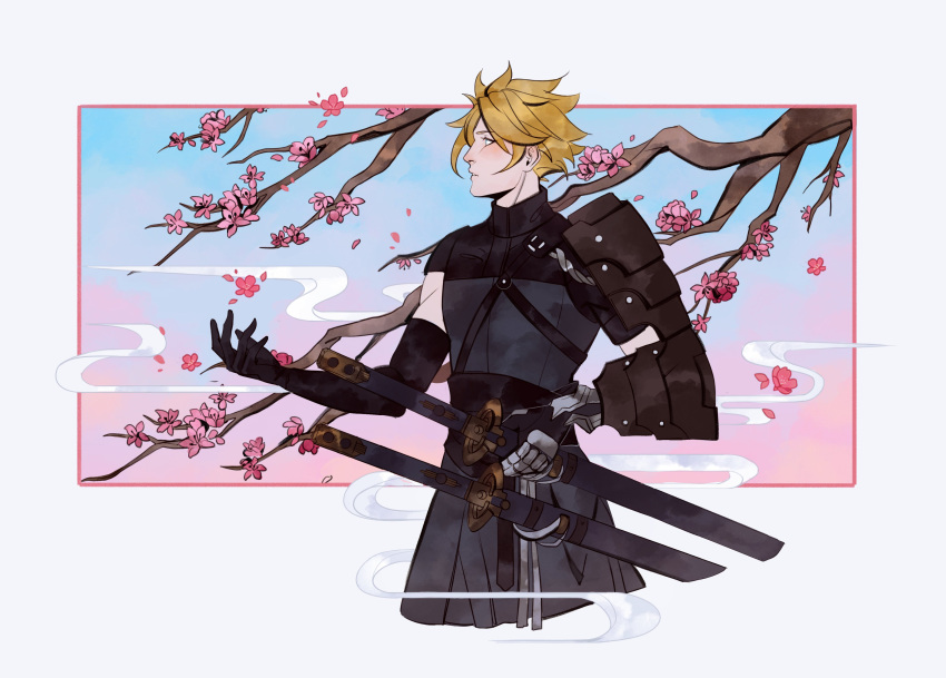 1boy absurdres arm_armor armor black_gloves blonde_hair branch cherry_blossoms cloud_strife cloud_strife_(murasame) commentary cropped_legs elbow_gloves final_fantasy final_fantasy_vii final_fantasy_vii_ever_crisis gloves hakama hakama_pants highres japanese_clothes katana male_focus official_alternate_costume open_hand pants parted_lips profile robasarel samurai sheath sheathed short_hair shoulder_armor solo spiked_hair sword weapon