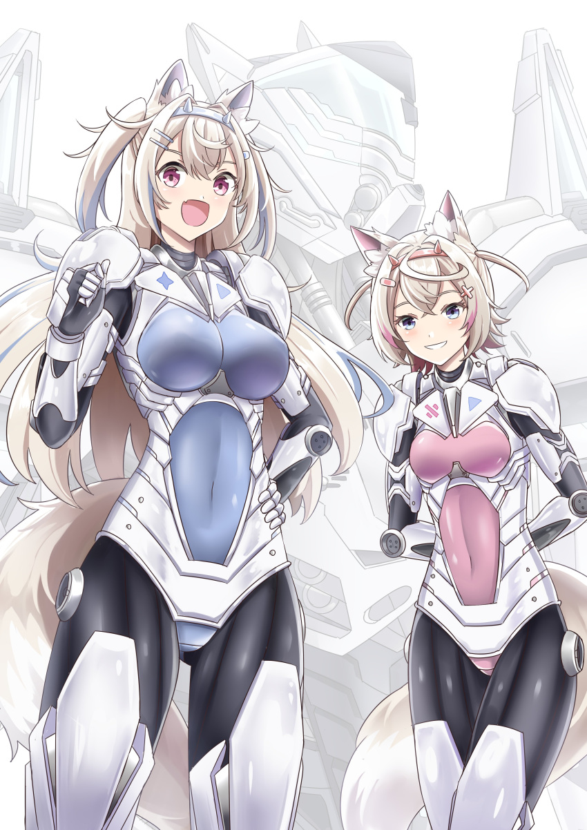 2girls absurdres alternate_costume animal_ear_fluff animal_ears armor arms_behind_back bandaid bandaid_hair_ornament blonde_hair blue_eyes bodysuit breasts colored_inner_animal_ears covered_navel covered_nipples dog_ears dog_girl dog_tail fang fuwawa_abyssgard hair_ornament hairband highres hololive hololive_english leaning_forward light_blush long_hair looking_at_viewer mecha medium_breasts mococo_abyssgard multicolored_hair multiple_girls pink_brooch pink_eyes pink_hairband plugsuit pointing pointing_at_self robot short_hair shoulder_armor siblings sisters skin_fang small_breasts smile streaked_hair sudhiro_sappurisa tail teeth thighs twins