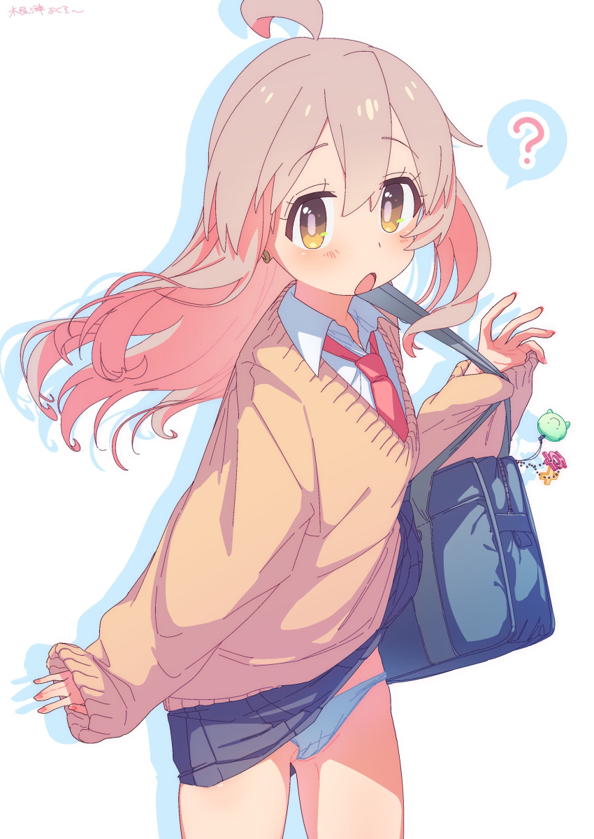 1girl :o ? absurdres bag blush bright_pupils brown_cardigan brown_eyes cardigan clothes_lift collared_shirt double-parted_bangs earrings floating_hair from_side grey_background highres holding holding_bag jewelry long_hair looking_at_viewer necktie onii-chan_wa_oshimai! open_mouth oyama_mahiro panties pink_hair red_necktie school_uniform shirt shoulder_bag simple_background skirt skirt_lift solo spoken_question_mark underwear upper_body white_panties white_shirt yoku_soy