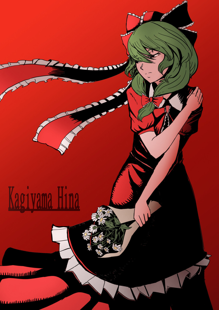 1girl absurdres bow character_name dress flower frilled_bow frilled_dress frilled_ribbon frills front_ponytail green_hair hair_bow hair_ribbon highres holding holding_flower kagiyama_hina red_background red_bow red_dress red_ribbon red_theme ribbon solo touhou weedhollow_(dokuran)