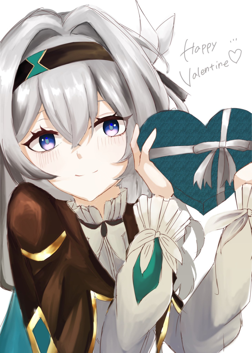 1girl black_hairband black_jacket blue_eyes blue_pupils blush box box_of_chocolates closed_mouth collared_shirt crossed_bangs firefly_(honkai:_star_rail) grey_hair hair_between_eyes hair_intakes hairband hands_up happy_valentine heart heart-shaped_box highres honkai:_star_rail honkai_(series) jacket looking_at_viewer rui_hui_bing_mi_zi shirt sidelocks simple_background smile solo upper_body valentine white_background