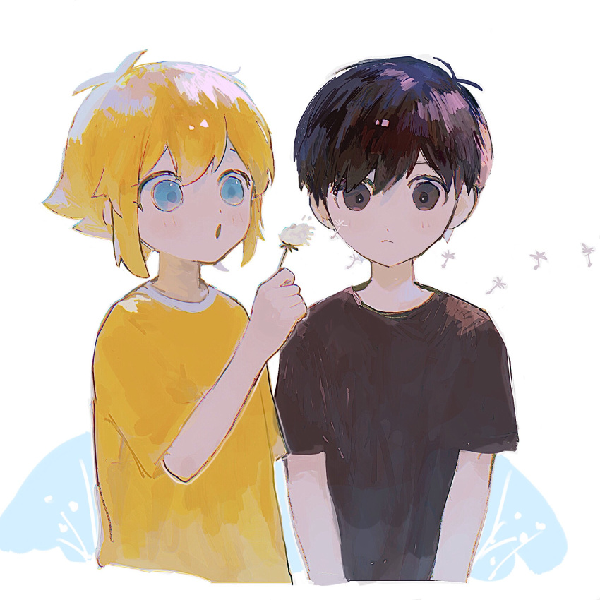 2boys basil_(faraway)_(omori) basil_(omori) black_eyes black_hair black_shirt blonde_hair blue_eyes dandelion flower highres hinshi_hp0 looking_at_viewer multiple_boys omori open_mouth shirt short_hair short_sleeves simple_background sunny_(omori) white_background yellow_shirt