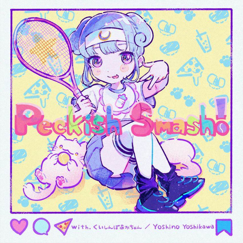 1girl absurdres album_cover artist_self-insert bib black_footwear blue_hair blunt_bangs cat closed_mouth cover crescent food full_body hairband highres holding_tennis_racket kiato knees_up kuishinbo_akachan like_and_retweet looking_at_viewer original pizza pizza_slice pleated_skirt purple_eyes purple_skirt racket shirt shoes short_hair short_sleeves sidelocks sitting skirt smile sneakers solo song_name speech_bubble tennis_racket thighhighs two_side_up w white_hairband white_shirt white_thighhighs yellow_background