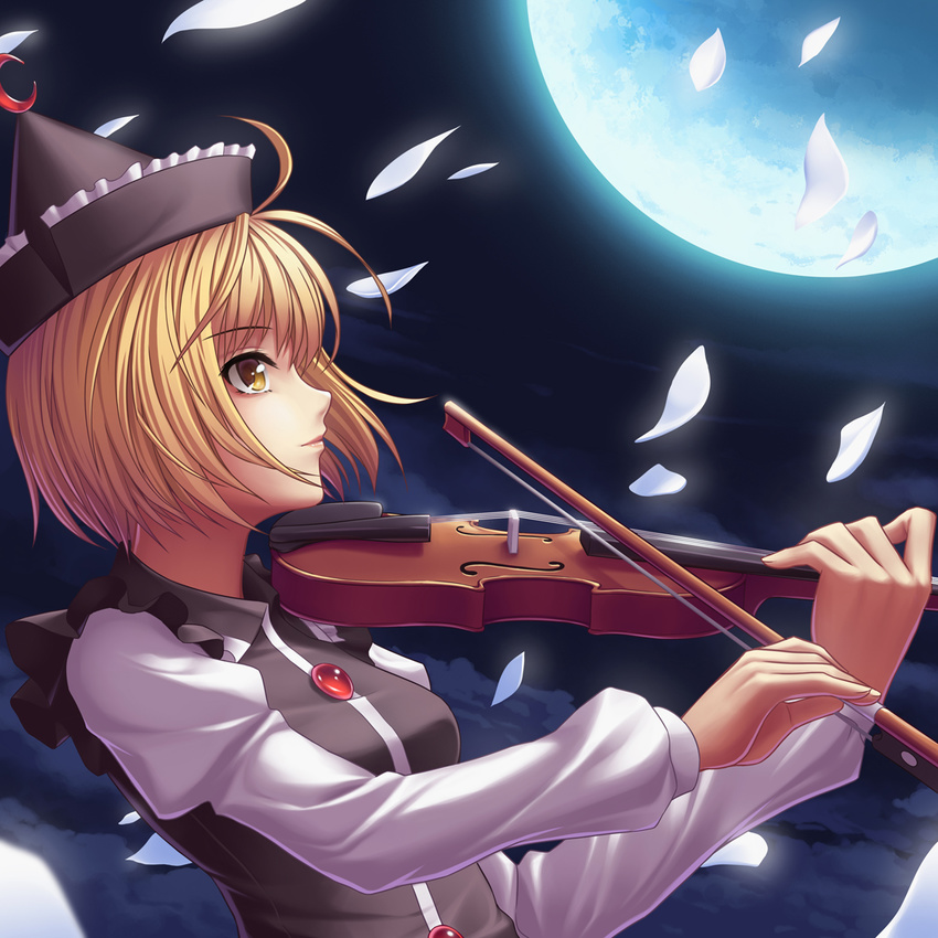 athrun1120 bad_id bad_pixiv_id blonde_hair bow_(instrument) cloud crescent fingernails full_moon hat instrument light_smile lips long_sleeves looking_up lunasa_prismriver moon night night_sky nose petals profile short_hair sky solo touhou upper_body vest violin wind yellow_eyes