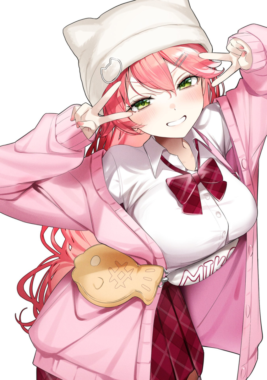 1girl animal_ear_headwear blush bow bowtie breasts collared_shirt commentary_request double_v fingernails green_eyes hair_between_eyes hair_ornament hairclip highres hololive jacket kuma_daigorou large_breasts long_hair long_sleeves looking_at_viewer nail_polish open_clothes open_jacket pink_hair pink_jacket pink_nails plaid plaid_bow plaid_bowtie plaid_skirt pleated_skirt puffy_long_sleeves puffy_sleeves red_bow red_bowtie red_skirt sakura_miko shirt simple_background skirt smile solo v v-shaped_eyebrows virtual_youtuber white_background white_headwear white_shirt