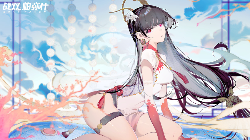 1girl absurdres black_hair china_dress chinese_clothes copyright_name dress earrings flower hair_flower hair_ornament highres jewelry logo long_hair official_art punishing:_gray_raven qu_(punishing:_gray_raven) red_eyes second-party_source sitting solo tassel