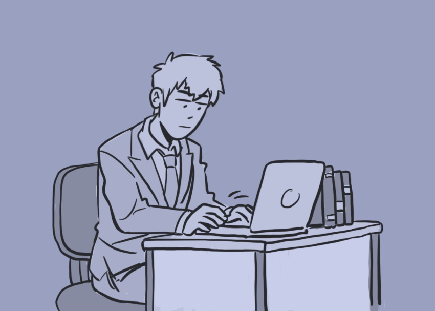 1boy aalexfletcher chair closed_mouth commentary computer desk english_commentary highres laptop long_sleeves male_focus mob_psycho_100 monochrome necktie reigen_arataka short_hair simple_background sitting solo typing