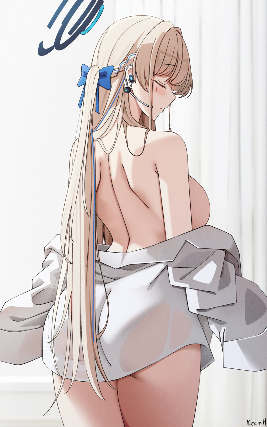 1girl artist_name ass back bare_shoulders blonde_hair blue_archive blue_hair blue_halo blush braid breasts closed_eyes closed_mouth cowboy_shot earpiece from_behind hair_ornament halo highres keenh large_breasts long_hair long_sleeves multicolored_hair official_alternate_hairstyle shirt signature solo streaked_hair toki_(blue_archive) white_shirt