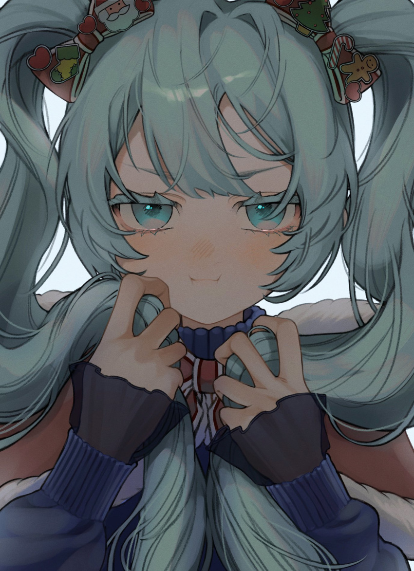 1girl :t blue_eyes blue_hair blue_jacket blush bow capelet close-up collared_jacket fur-trimmed_capelet fur_trim hair_bow hatsune_miku highres holding_own_hair inukai_(inusuki_oc) jacket long_hair looking_at_viewer portrait pout red_bow red_capelet solo straight-on twintails v-shaped_eyebrows vocaloid