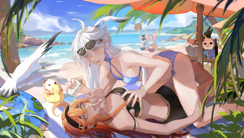 4girls absurdres ahoge arms_up beach bikini bird black_bikini black_hairband blue_bikini blue_eyes blush bottle breasts cang_(akaga204) chinese_commentary chuatury_panlunch commentary_request couple day earrings eyewear_on_head grabbing grabbing_another's_breast grey_eyes gundam gundam_suisei_no_majo hair_between_eyes hairband highres jewelry long_hair looking_at_viewer lotion miorine_rembran multiple_girls nika_nanaura ocean open_mouth orange_hair outdoors palm_tree parasol pink_hair purple_bikini seagull short_hair side-tie_bikini_bottom sitting small_breasts stomach straddling suletta_mercury sunglasses sunscreen swimsuit tomato tree umbrella white_hair yuri